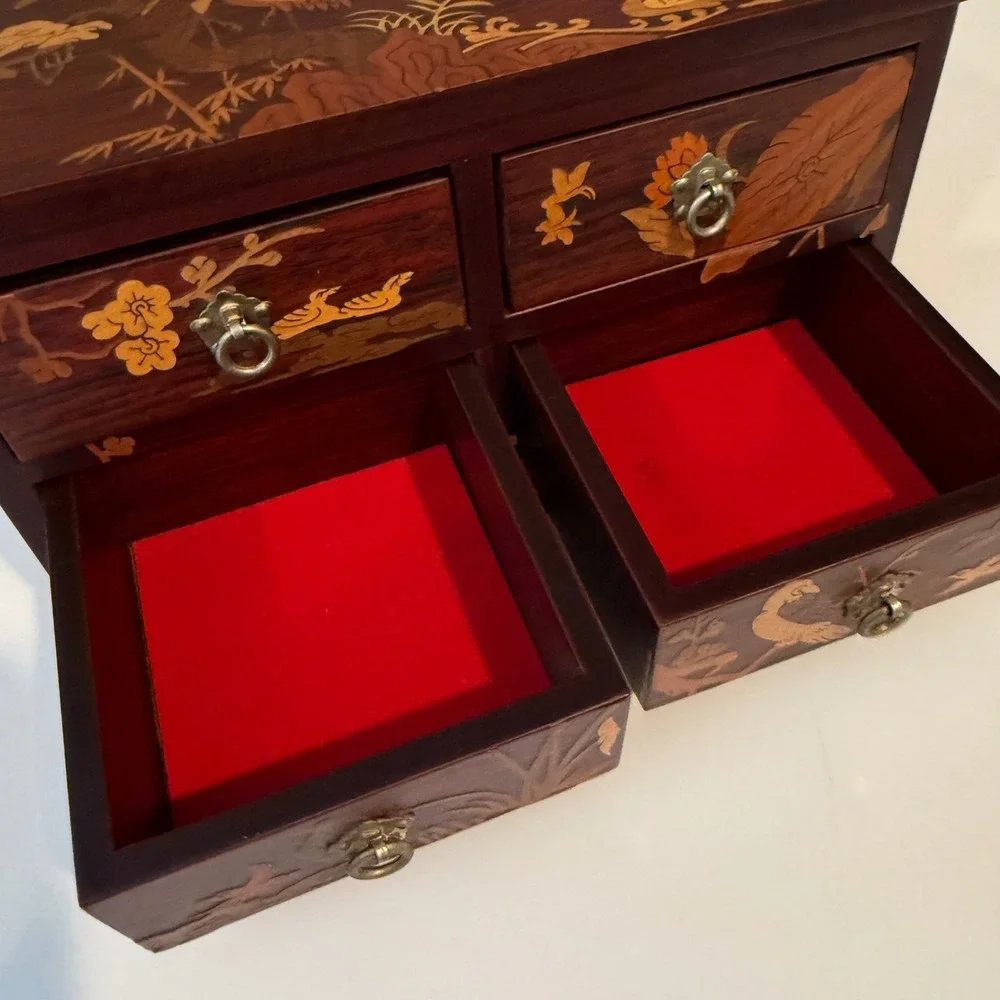 Vintage‎ Japanese Yosegi Zaiku Marquetry Wood Jewelry Box 4 Drawer Crane Inlay